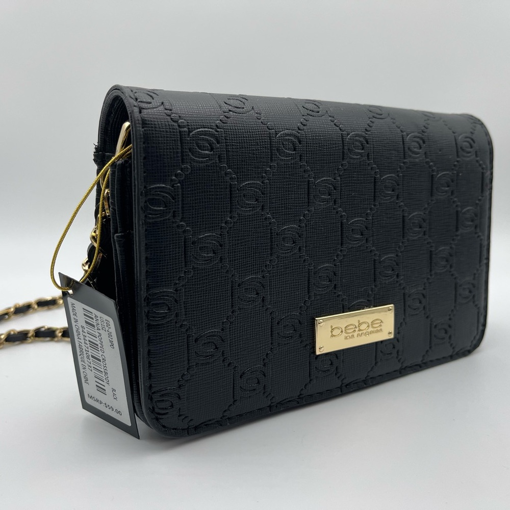 Bebe Embossed Black Crossbody Bag with Gold Accents